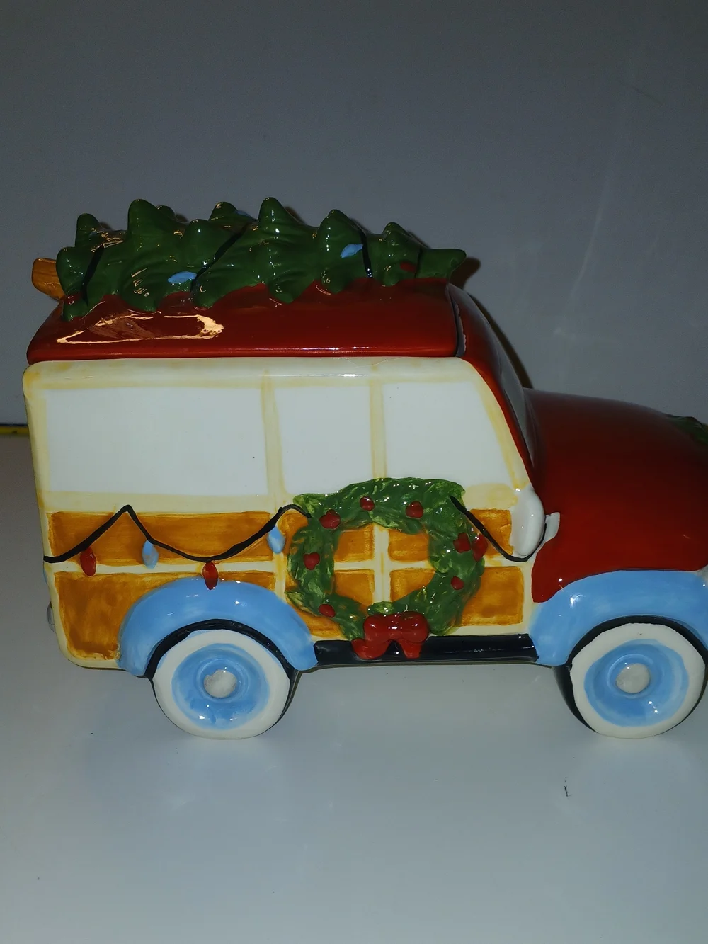 Holiday Time Red and Light Blue Vintage Truck with Green Wreaths